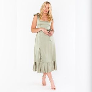 Show Me Your Mumu Claire Midi Dress in Moss Green Luxe Satin, Size L